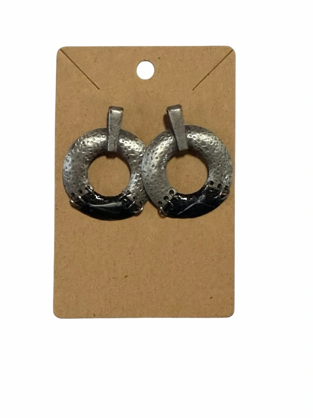 Silver and Black Hammered Circle Drop Earrings - Brand Unknown